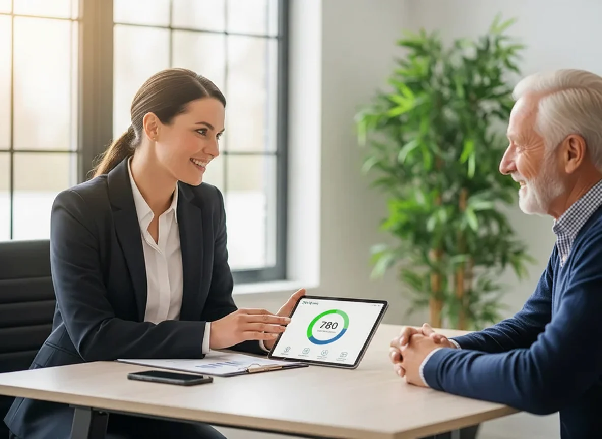 Asesora de Soempresarial ayudando a un cliente con sus preguntas frecuentes sobre créditos.